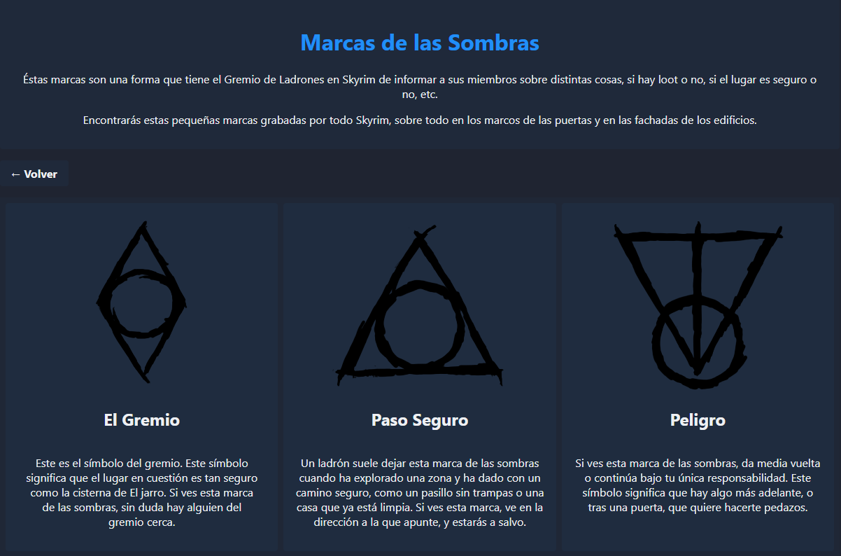 Captura de pantalla de la página de Marcas de las Sombras